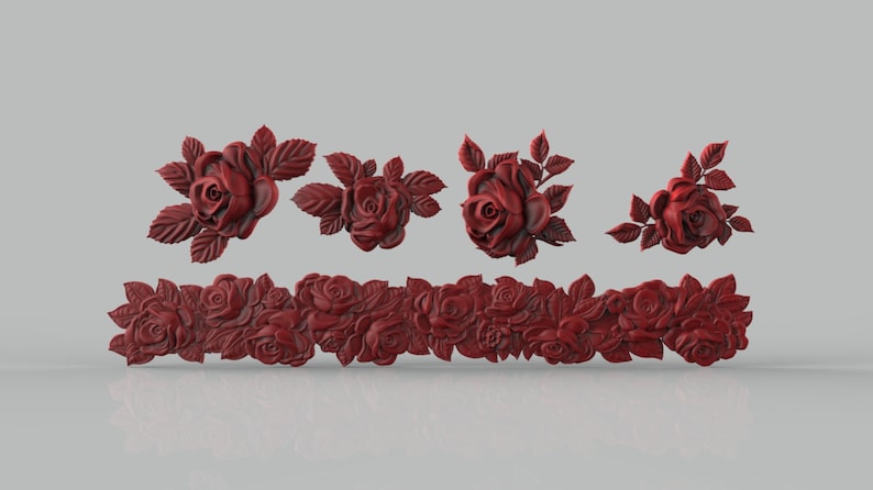 May include: A set of five red rose floral embellishments, including a long garland and four individual corner pieces. The roses are intricately carved and have a 3D effect.