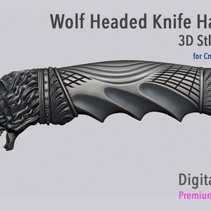 Puede incluir: Un modelo 3D de un mango de cuchillo con cabeza de lobo. El mango está detallado con un patrón texturizado y un diseño de cabeza de lobo. El modelo es para CNC o impresión 3D. Archivo digital, modelo premium.