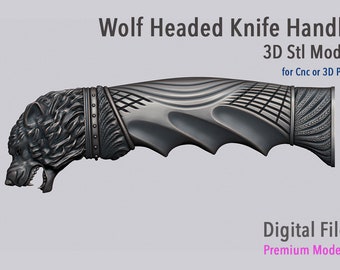 May include: A 3D model of a wolf head knife handle. The handle is detailed with a textured pattern and a wolf head design. The model is for CNC or 3D printing. Digital file, premium model.