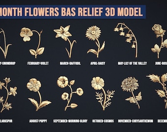 Birth Month Flowers Bas Relief 3d Stl Files for cnc and 3d print, instant download