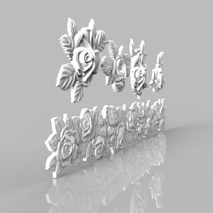 May include: White 3D printed rose floral design with a row of roses and a cluster of roses on top. The design is made of white plastic and has a smooth finish.