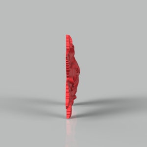 May include: A red, intricate, 3D printed design with a floral pattern. The design is symmetrical and has a delicate, lacy appearance.