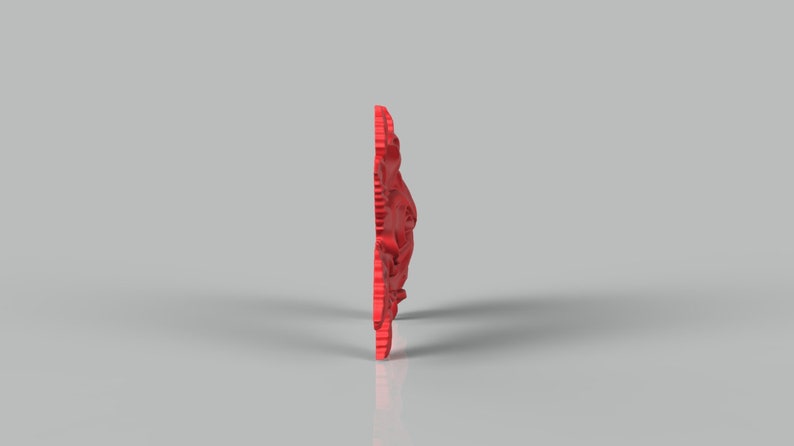 May include: A red, intricate, 3D printed design with a floral pattern. The design is symmetrical and has a delicate, lacy appearance.