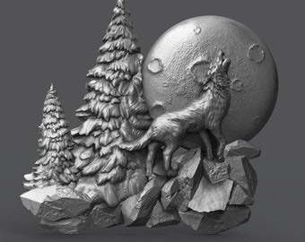 Wolf Howling at Moon 3D STL voor CNC-router en 3D-printen | Wanddecoratiemodel
