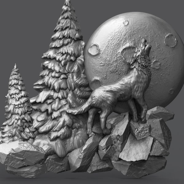 Le loup hurlant à la pleine lune, bas-relief 3D Modèle 3D STL pour routeur CNC, graveur, machine à sculpter, Artcam Aspire, fichiers CNC