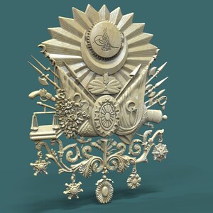 May include: A detailed, three-dimensional, cream-colored sculpture of the Turkish coat of arms. The coat of arms features a star and crescent moon, a sword, a cannon, and other symbols.