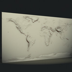 May include: A white, textured, 3D relief map of the world. The map is mounted on a white board and is set against a dark background.