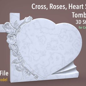 Lápide em forma de coração com cruz e rosas 3D STL modelo para roteador CNC e arquivo digital de impressora 3D