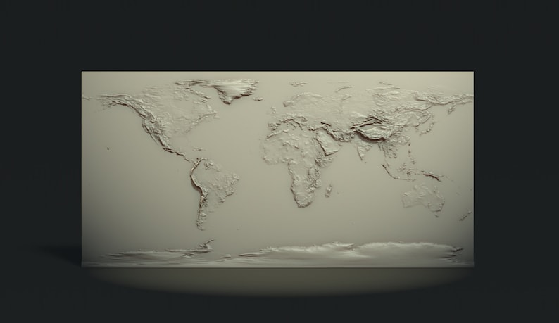 May include: A raised relief world map sculpted in a light gray color. The map is mounted on a white background.