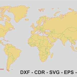 Puede incluir: Un mapa del mundo con las fronteras de los países delineadas en verde y la frontera exterior delineada en rojo. El mapa está sobre un fondo gris claro. El texto "DXF - CDR - SVG - EPS - PDF" está en la parte inferior de la imagen. Una leyenda muestra una línea roja etiquetada "Spline (Close Vector/Area)" y una línea verde etiquetada "Line (Open Vector)".