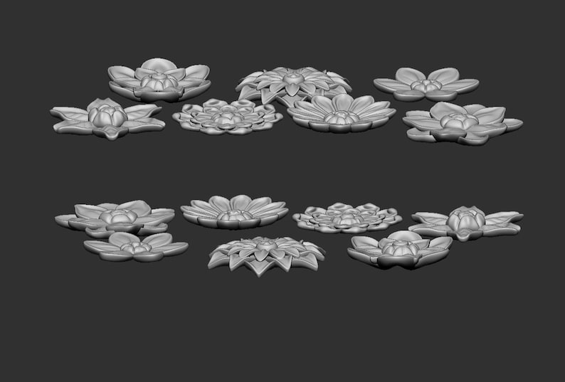 May include: A collection of 13 gray 3D printed flower designs. The flowers are arranged in two rows, with the top row having 7 flowers and the bottom row having 6 flowers.
