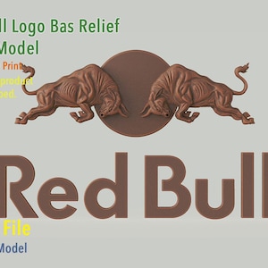 Könnte beinhalten: Ein digitales 3D-STL-Modell eines Red Bull-Logo-Flachreliefs mit zwei braunen Stieren, die sich vor einer kreisförmigen Scheibe gegenüberstehen. Der Text Red Bull steht unter den Stieren. Das Bild enthält den Text: Red Bull Logo Bas Relief 3D Stl Model for Cnc or 3D Print, No physical product will be shipped, Digital File, Premium Model.