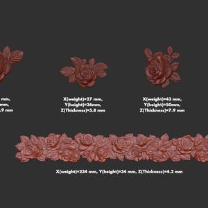May include: Five 3D printed rose designs, including a border of roses. The designs are in a reddish-brown color and are approximately 2 to 5 inches in size.