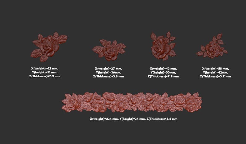 May include: Five 3D printed rose designs, including a border of roses. The designs are in a reddish-brown color and are approximately 2 to 5 inches in size.