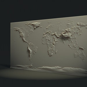 May include: A 3D relief map of the world, showing the continents and oceans in a textured, raised design. The map is mounted on a light gray background.