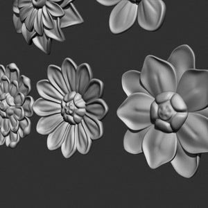 May include: A set of seven 3D printed flower designs in a gray color. The flowers are all different shapes and sizes, and they are all very detailed.