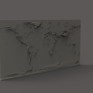 May include: A 3D relief map of the world, showing the continents and oceans in a gray color scheme.