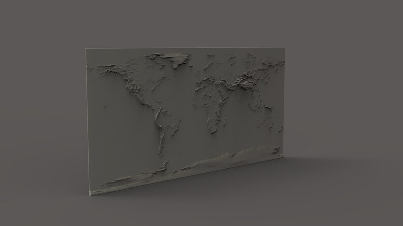 May include: A 3D relief map of the world, showing the continents and oceans in a gray color scheme.