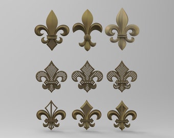 May include: Nine different gold-colored fleur-de-lis designs. The designs are all intricate and detailed, with some featuring a lattice pattern.