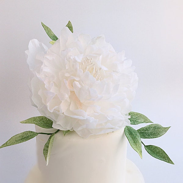 Set of Wafer paper White Peony and Green Leaves for cake decoration