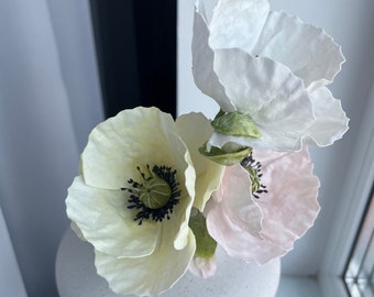 Coquelicots en papier azyme pour décoration de gâteau, Ensemble de trois fleurs (blanc, rose, jaune)