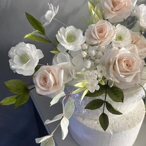 May include: A floral arrangement featuring pale pink and white roses, small white blossoms, and green leaves. The flowers are attached to a white, circular foam base wrapped in clear plastic, creating a decorative display of botanical elements.
