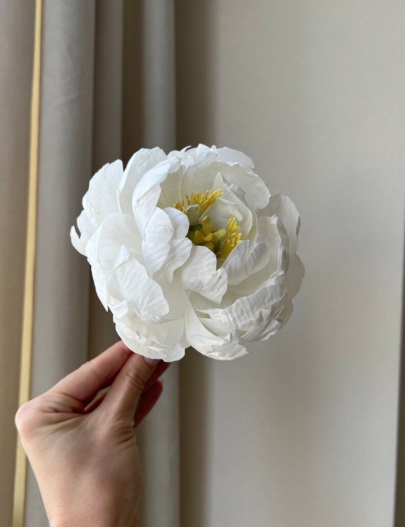 May include: A single white peony flower with yellow center. The flower is held in a hand.