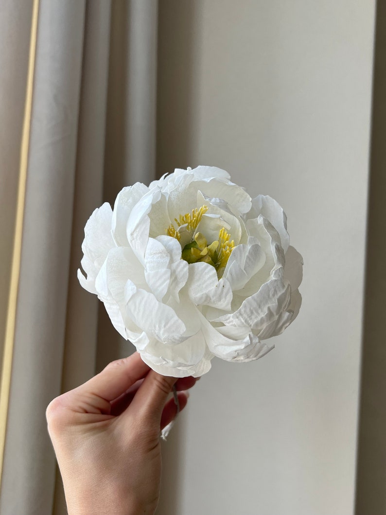 May include: A single white peony flower with yellow center. The flower is held in a hand.
