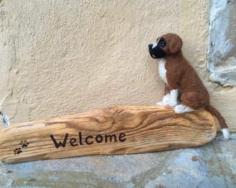 Welcome board with Boxer dog