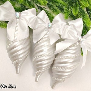White Christmas Ornaments, Handmade Unique Christmas Ornaments, Set of Christmas Tree Balls, Christmas Shabby Chic White Christmas Ornament