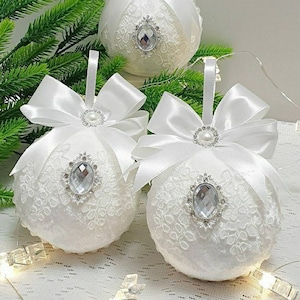 White Christmas ornament, handmade tree decor, velvet Christmas baubles, large ornaments set, shabby chic Christmas balls, Christmas gift