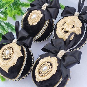 Christmas ornaments set, handmade unique Christmas decor, black and gold tree balls, rhinestones decor velvet balls, custom Christmas gift