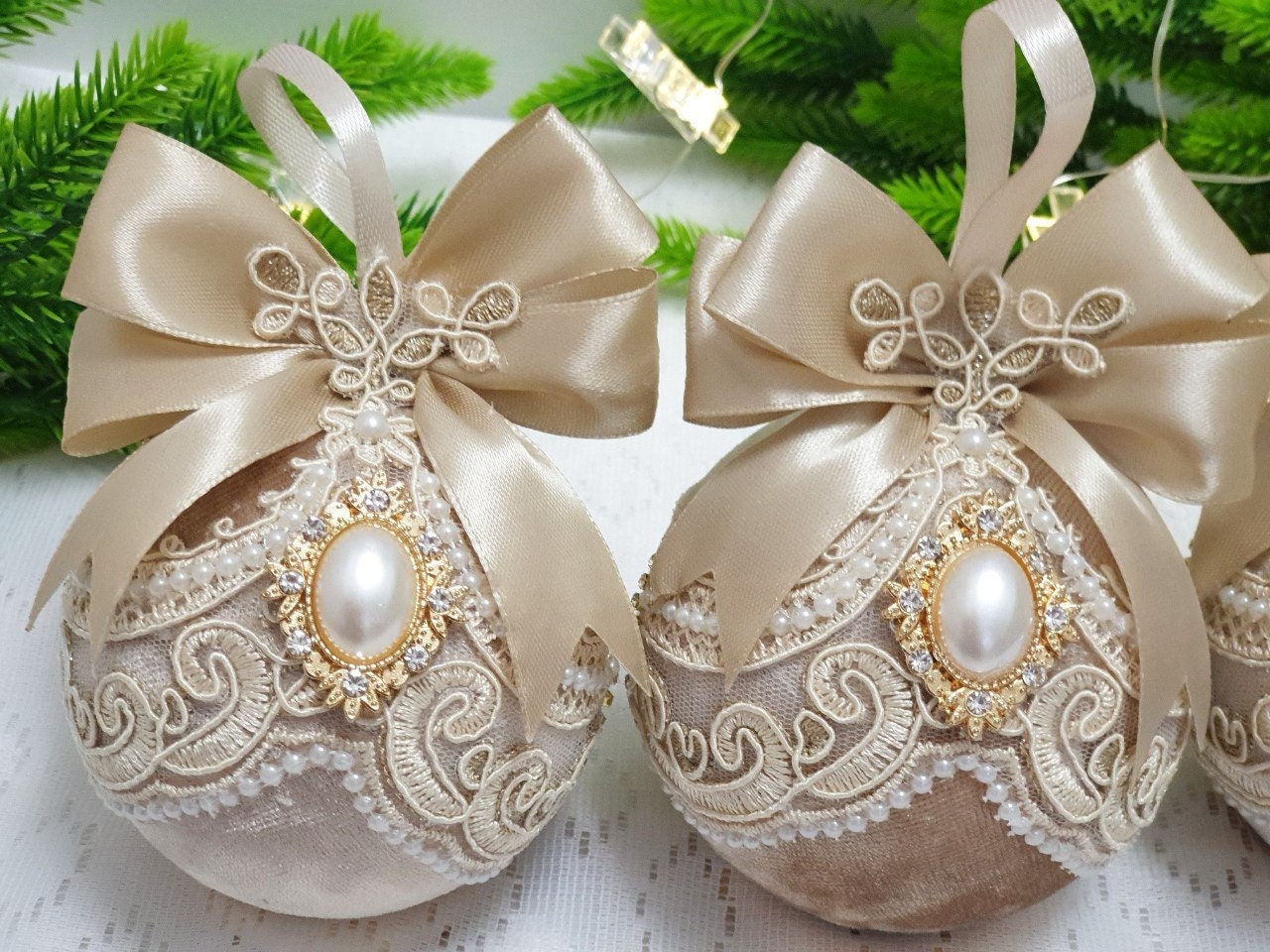 Beige Christmas Ornament Set, Handmade Velvet Christmas Baubles