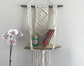 Macrame Wall Hanging Shelf: Boho Plant Hanger, Natural Wood