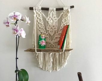 Macrame Wall Hanging Shelf: Boho Decor with Natural Wood