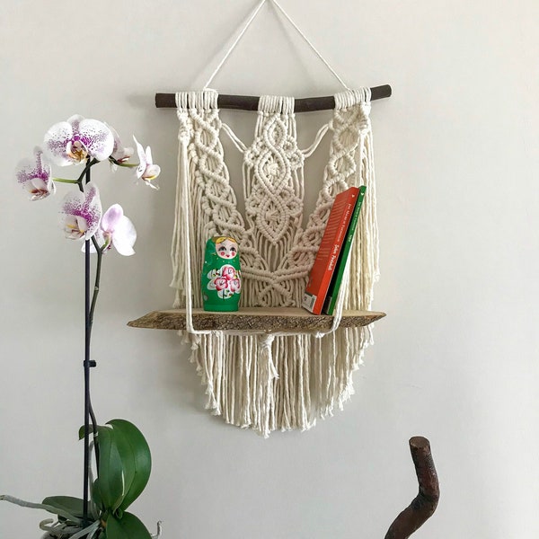 Macrame wall hanging shelf, Small book shelf, Boho wall decor, Plant shelf, Housewarming gift, Natural wooden shelf made of cotton rope