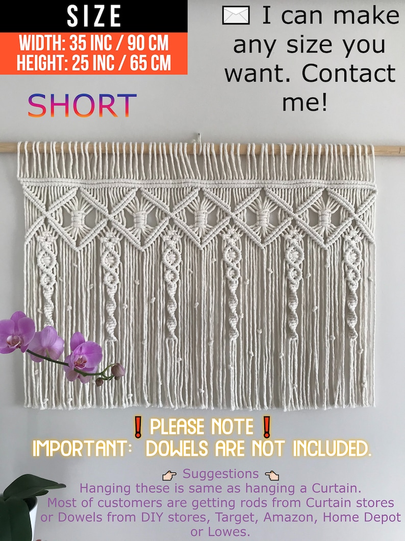 May include: A white macrame wall hanging with a diamond pattern. The hanging is 35 inches wide and 25 inches tall. The text "PLEASE NOTE! IMPORTANT: DOWELS ARE NOT INCLUDED." is written in red and white. The text "Suggestions" is written in black. The text "Hanging these is same as hanging a Curtain. Most of customers are getting rods from Curtain stores or Dowels from DIY stores, Target, Amazon, Home Depot or Lowes." is written in black.