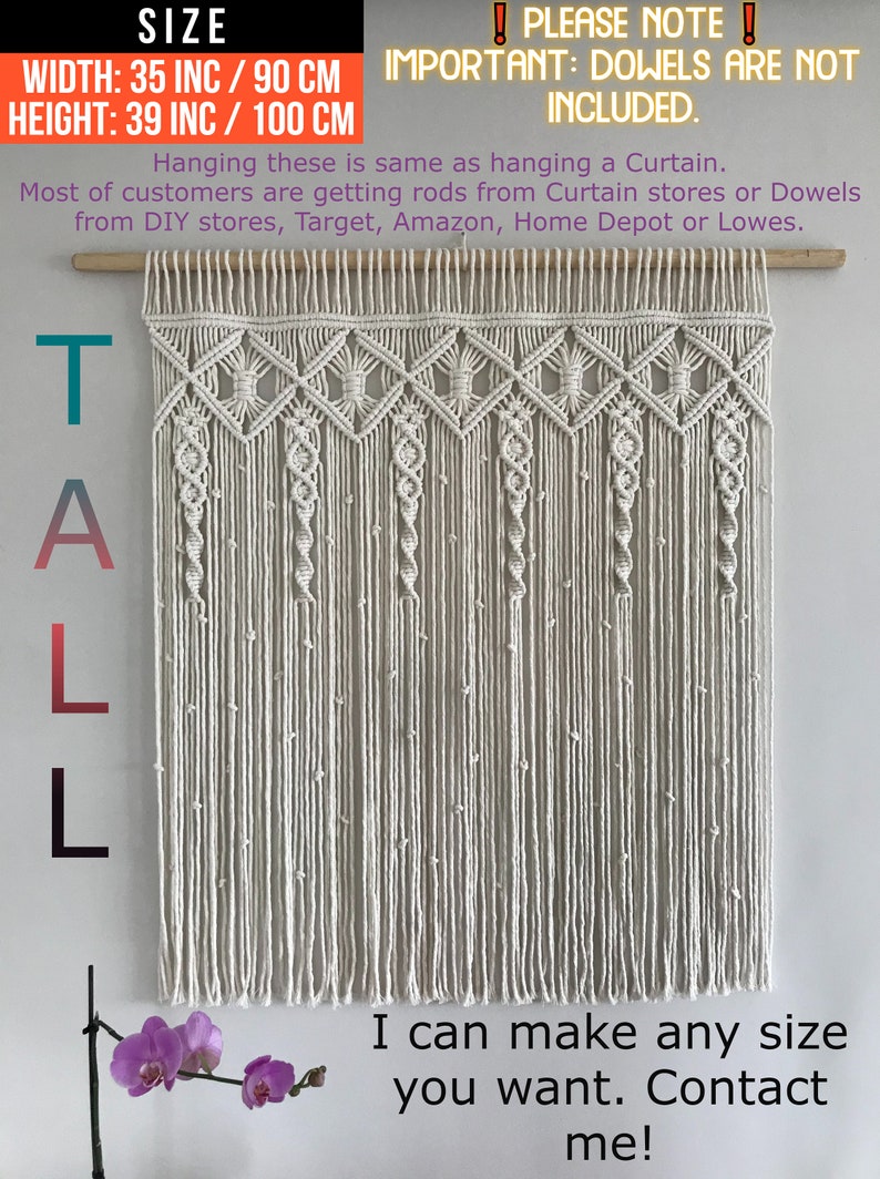 May include: A white macrame wall hanging with a geometric pattern. The hanging is 35 inches wide and 39 inches tall. The text "TALL" is written on the left side of the image. The text "I can make any size you want. Contact me!" is written at the bottom of the image.