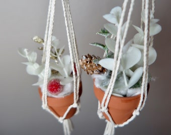 Christmas Tree Ornament for Plant Lover, Mini Macrame Hanging for Rear View Mirror, Car Plant Hanger