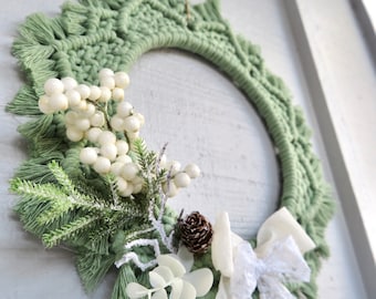 Farmhouse Spring Door Wreath, Green and White Boho Decor, Holiday Macrame Mandala, Round Wall Hanging