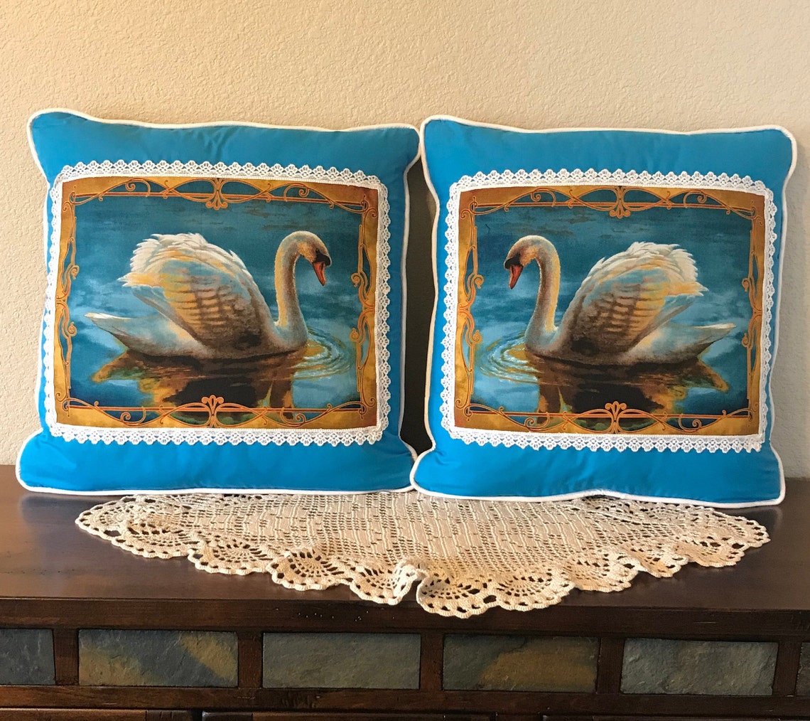 Swan Pillow Set With White Cording Trim Single Swan 16 X Etsy