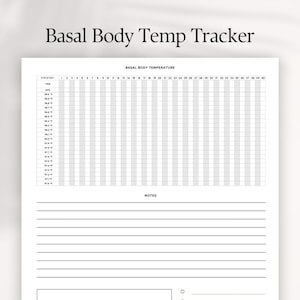 May include: A white Basal Body Temp Tracker with the title at the top. The tracker includes a grid for recording basal body temperature, with spaces for cycle days and temperature readings. The bottom section has space for notes.