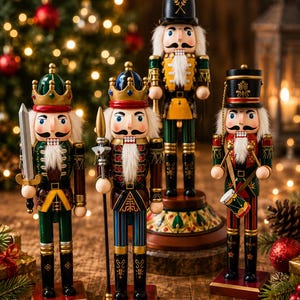 May include: Four wooden nutcracker figurines standing on rectangular bases. One wears a green crown and holds a sword, another a blue crown with a spear, one a black hat, and the last a black drum-major hat while holding drumsticks and a drum.