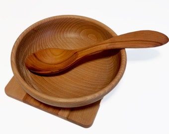 3 Piece Gift Set Sustainable Wooden Bowl and Table Coaster and Spoon - Ideal Gift Set For a House Warming Party