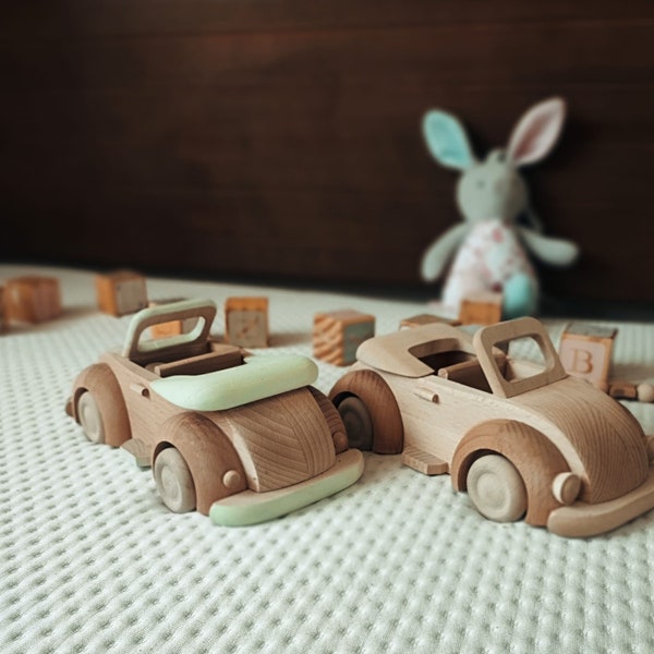 22CM Hand Made Wooden Convertible Toy Car, Play Room Classic Toy for a Baby Boy or Girl in Custom Colours. Perfect Gift Idea for a Birthday.