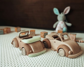 22CM Hand Made Wooden Convertible Toy Car, Play Room Classic Toy for a Baby Boy or Girl in Custom Colours. Perfect Gift Idea for a Birthday.