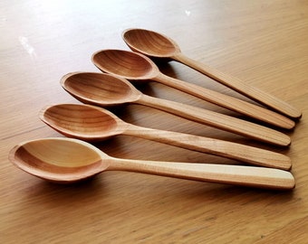 5 SET Cherry Wood Serving Spoon Set for Handmade Rustic Wooden Spoons Ideal Gift for Coffee and food lovers