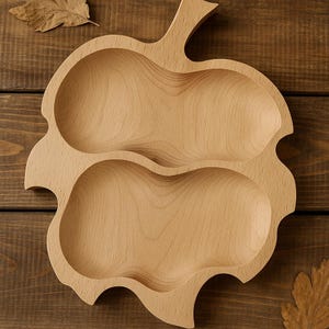 Beechwood Leaf Snack Tray, Rustic Wooden Plate with 2 Compartments
