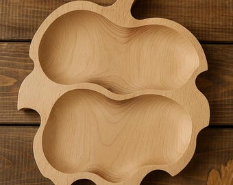 Beechwood Leaf Snack Tray, Rustic Wooden Plate with 2 Compartments