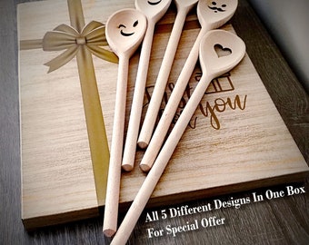Funny Wooden Spoons with Faces - Handmade Wooden Spoon with Engraved Smiley, Heart-Shaped Cooking Gift - Perfect Novelty for Baking Lovers,